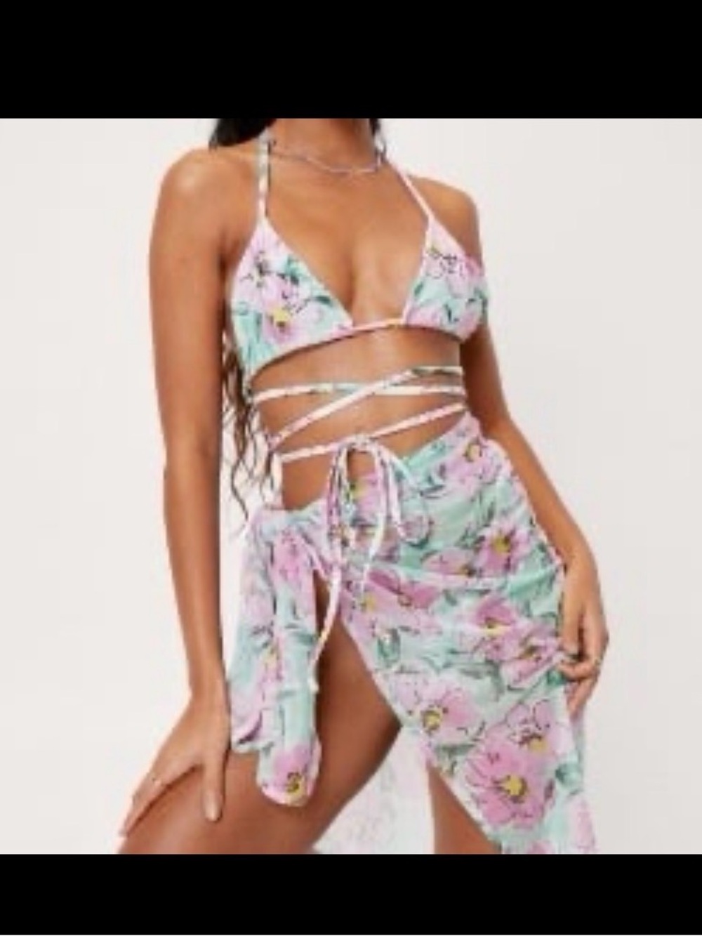 NWT Nasty Gal Floral Tie-Waist Triangle 3 Piece Bikini Set in Mint and Pink